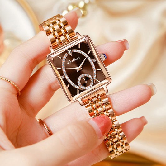 Modische quadratische Damen-Halbuhr mit Diamanten in Roségold mit zwei Stiften