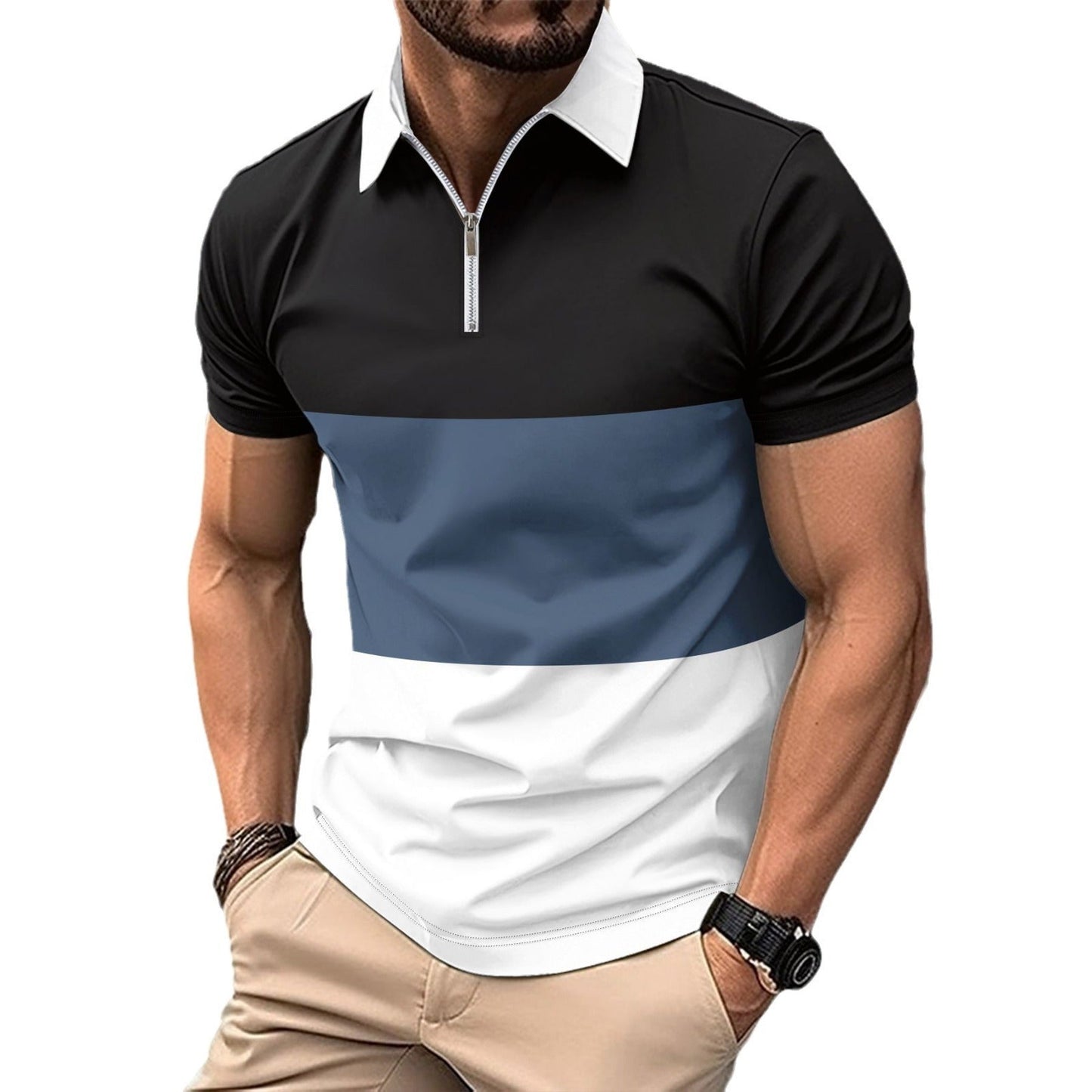 T-Shirt mit mehrfarbigem Aufdruck, Reißverschluss und Revers