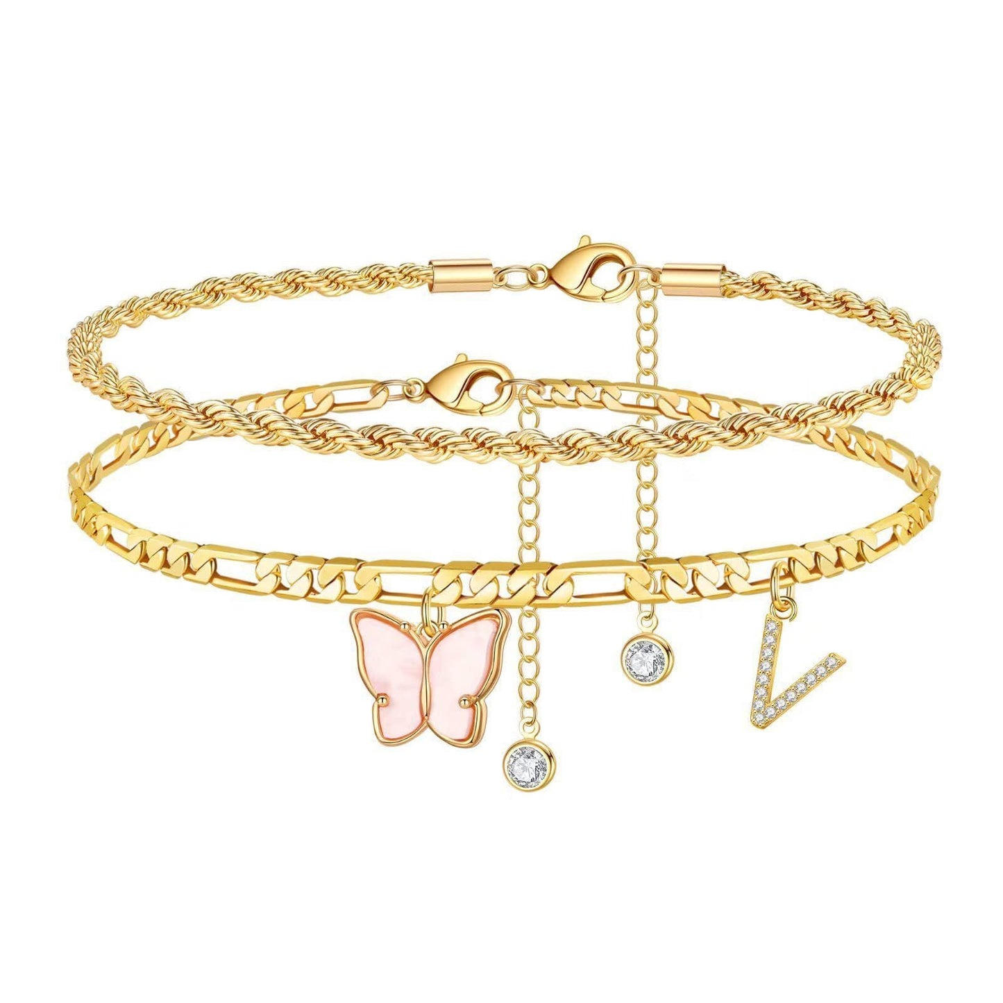 26 Buchstaben Fußschmuck Damen Schmetterling Doppellagig Stapel