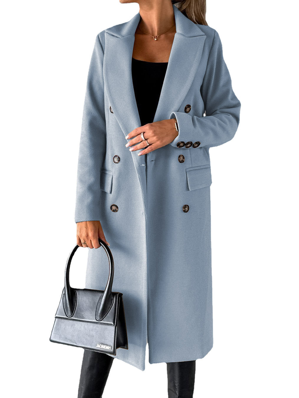 Langarm Revers Mantel Winter Mode Solide Zweireiher Schlank Lange Jacke Damen Kleidung