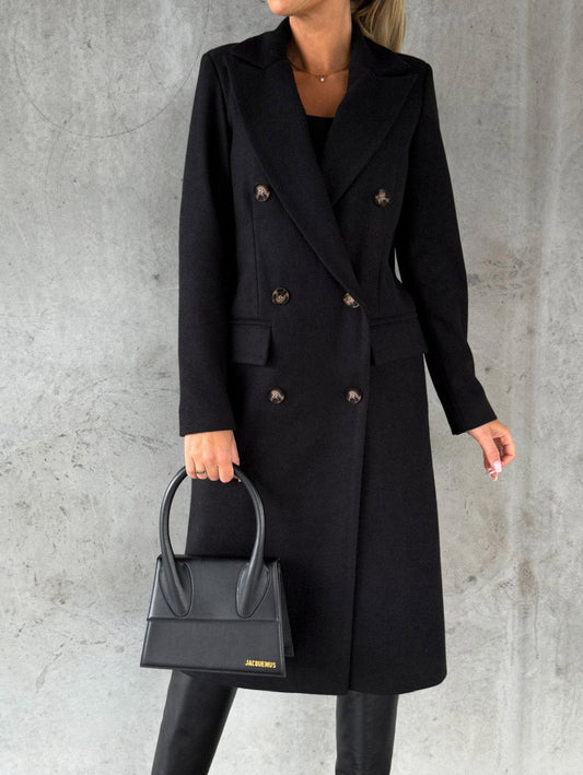 Langarm Revers Mantel Winter Mode Solide Zweireiher Schlank Lange Jacke Damen Kleidung
