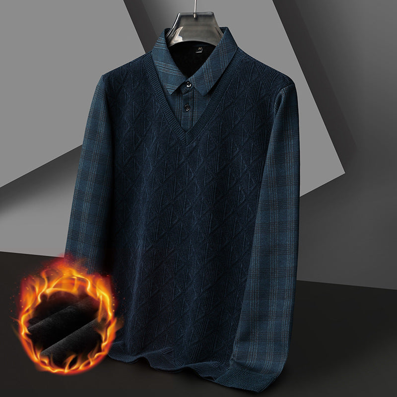 Men's Fleece-lined Thickened Fake Two-piece T-shirts Bottoming Shirt