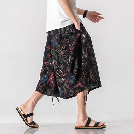Locker sitzende Herrenhose im chinesischen Stil mit Elefantenblume, verkürzte große Badehose, Rettich-Strandblumenhose