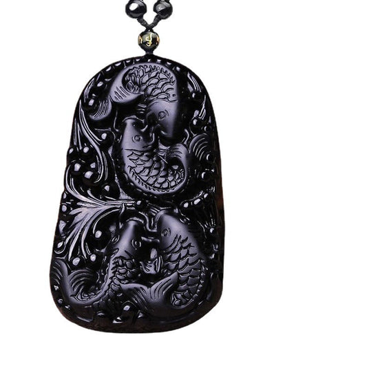Natürliche Obsidian Fisch geschnitzt matt Halskette