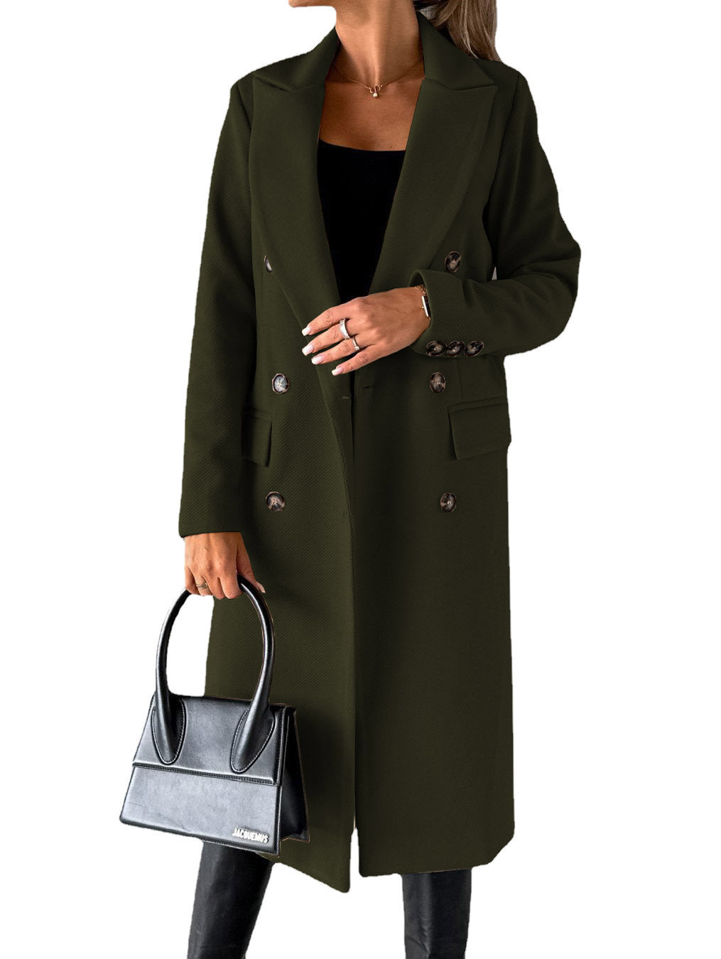 Langarm Revers Mantel Winter Mode Solide Zweireiher Schlank Lange Jacke Damen Kleidung