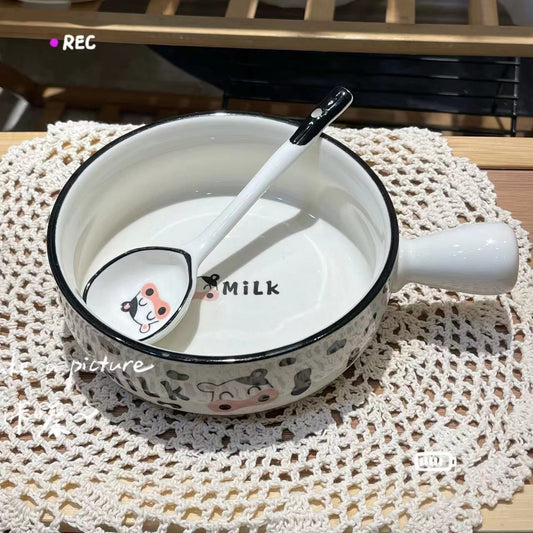Niedliche Keramikschüssel mit Kuhgriff, Schüssel, Löffel mit langem Griff