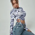 Abstract Printed Slim Cropped Long-sleeved Top