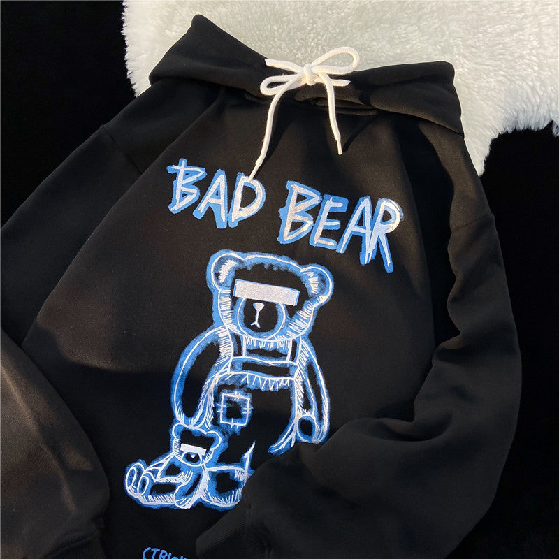 Amerikanischer Hiphop-Bär-Kapuzenpullover für Damen im Herbst und Winter im koreanischen Stil, lockere High Street, Übergröße, Retro-BF-Preppy-Style-Oberteil