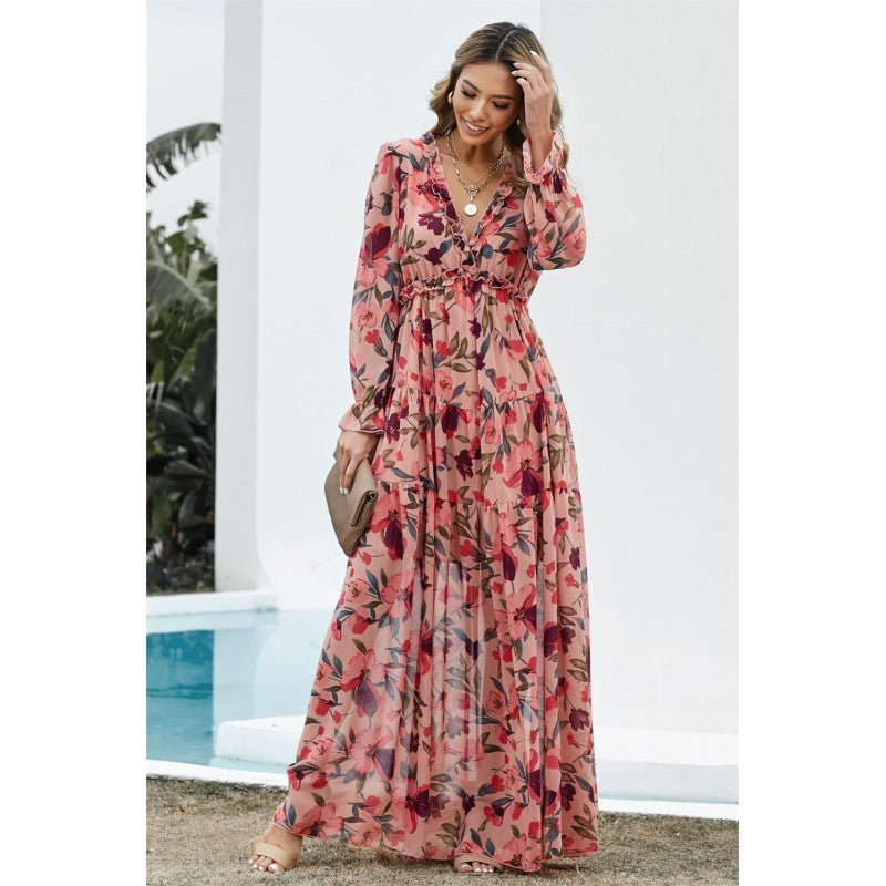 Damen Gerüschtes Lagenkleid mit langen Ärmeln Blumenpullover
