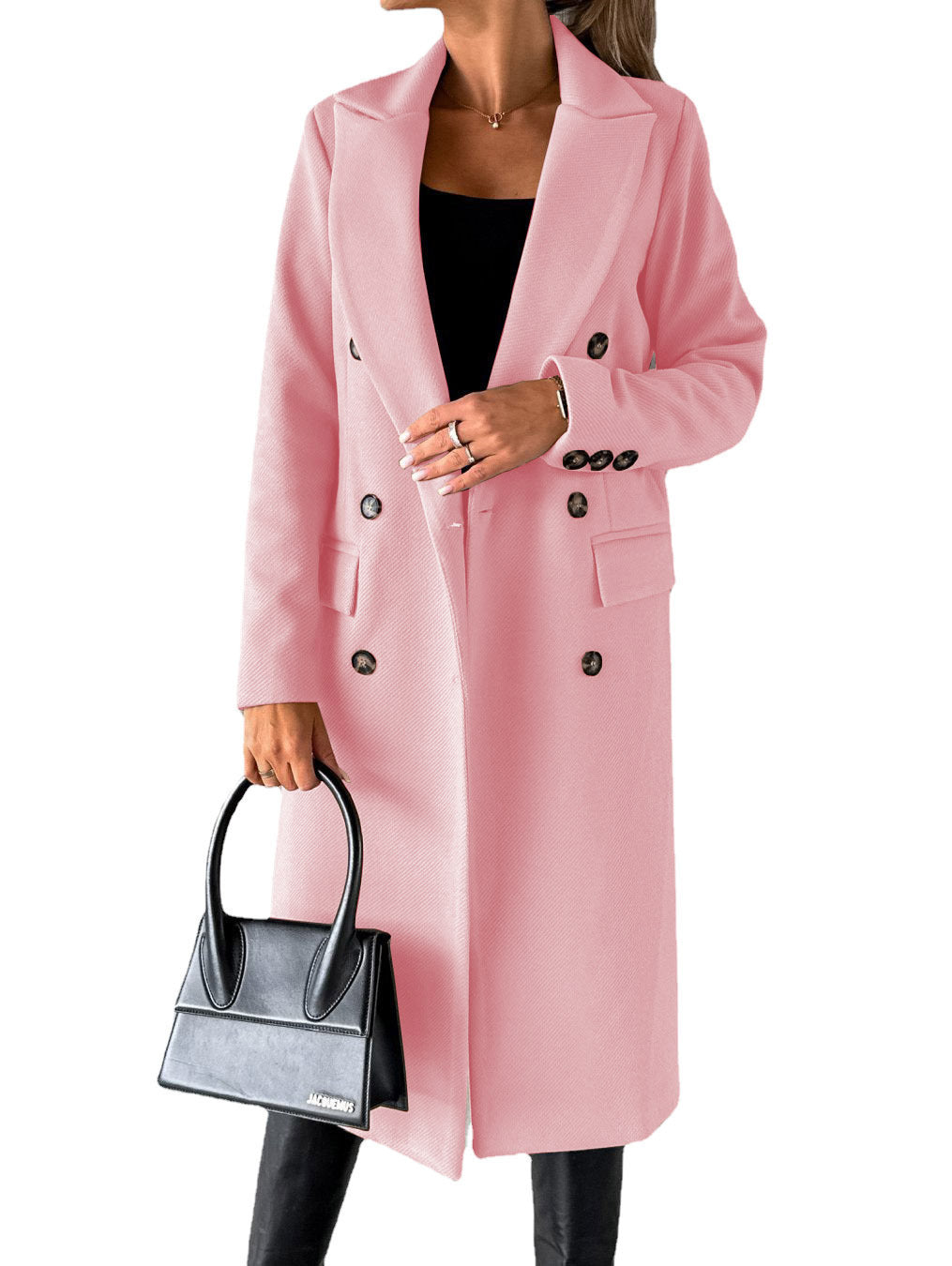 Langarm Revers Mantel Winter Mode Solide Zweireiher Schlank Lange Jacke Damen Kleidung