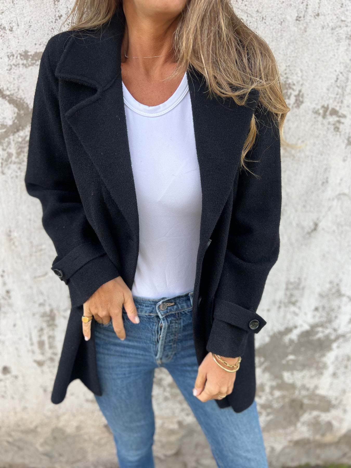 Damen Wollmantel Lässiger lockerer Revers Faux-Tasche Cardigan Wollmantel