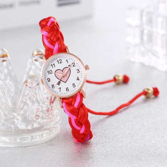 Koreanischen Stil Macaron Farbe Farbe handgemachte geflochtene Armband Pfirsich Herz Uhr