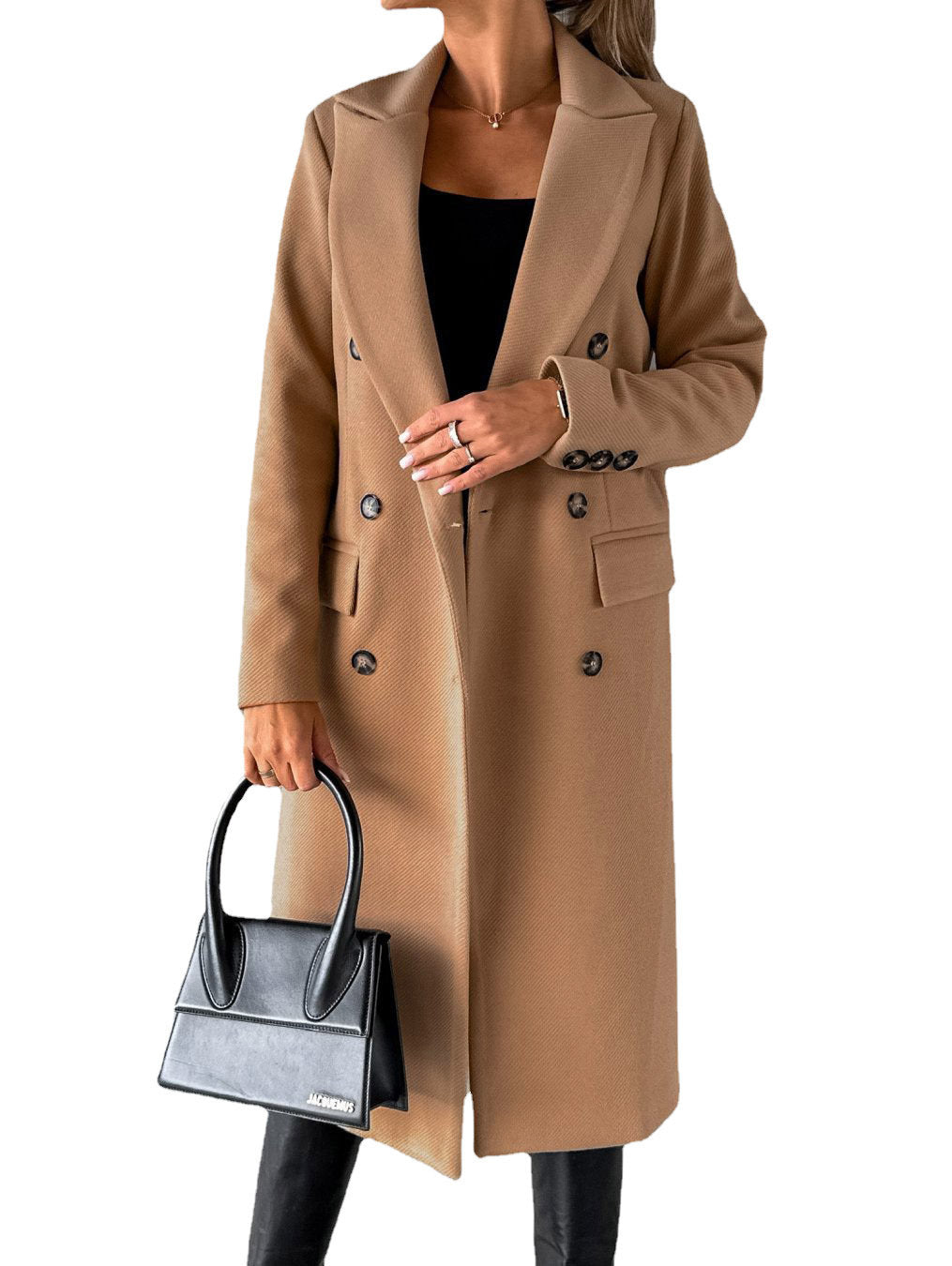 Langarm Revers Mantel Winter Mode Solide Zweireiher Schlank Lange Jacke Damen Kleidung