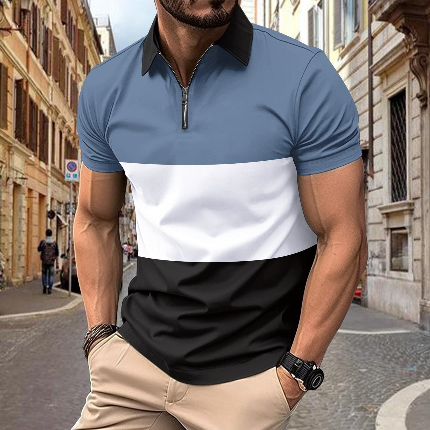 T-Shirt mit mehrfarbigem Aufdruck, Reißverschluss und Revers