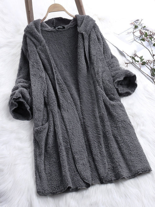Lässige, einfarbige, langärmlige Plüschjacke mit Kapuze