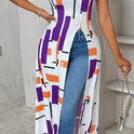Women's Casual Geometric Print High Slit Maxi T-Shirt, Summer