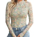 Floral Mesh Round Neck Long Sleeve Mesh With Thumb Hole Fashion Autumn Undershirt