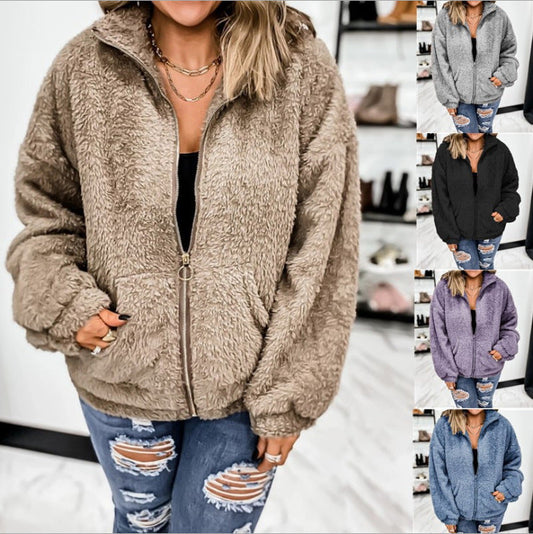 Neue, lockere Strickjacke aus Plüsch mit Reißverschluss für Damen in Einfarbig